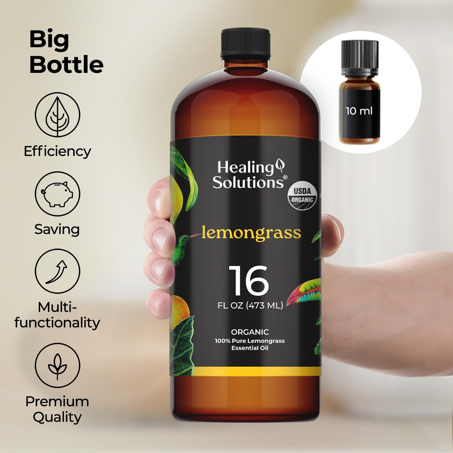 Healing Solutions Organic Lemongrass Essential Oil - 16oz Bulk for Aromatherapy