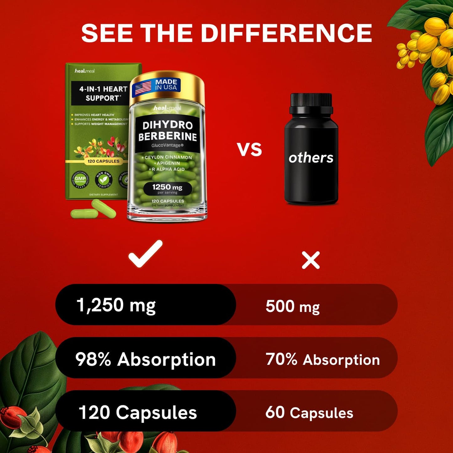 HealMeal Dihydroberberine – Organic Berberine with Cinnamon & RLA, 120 Caps