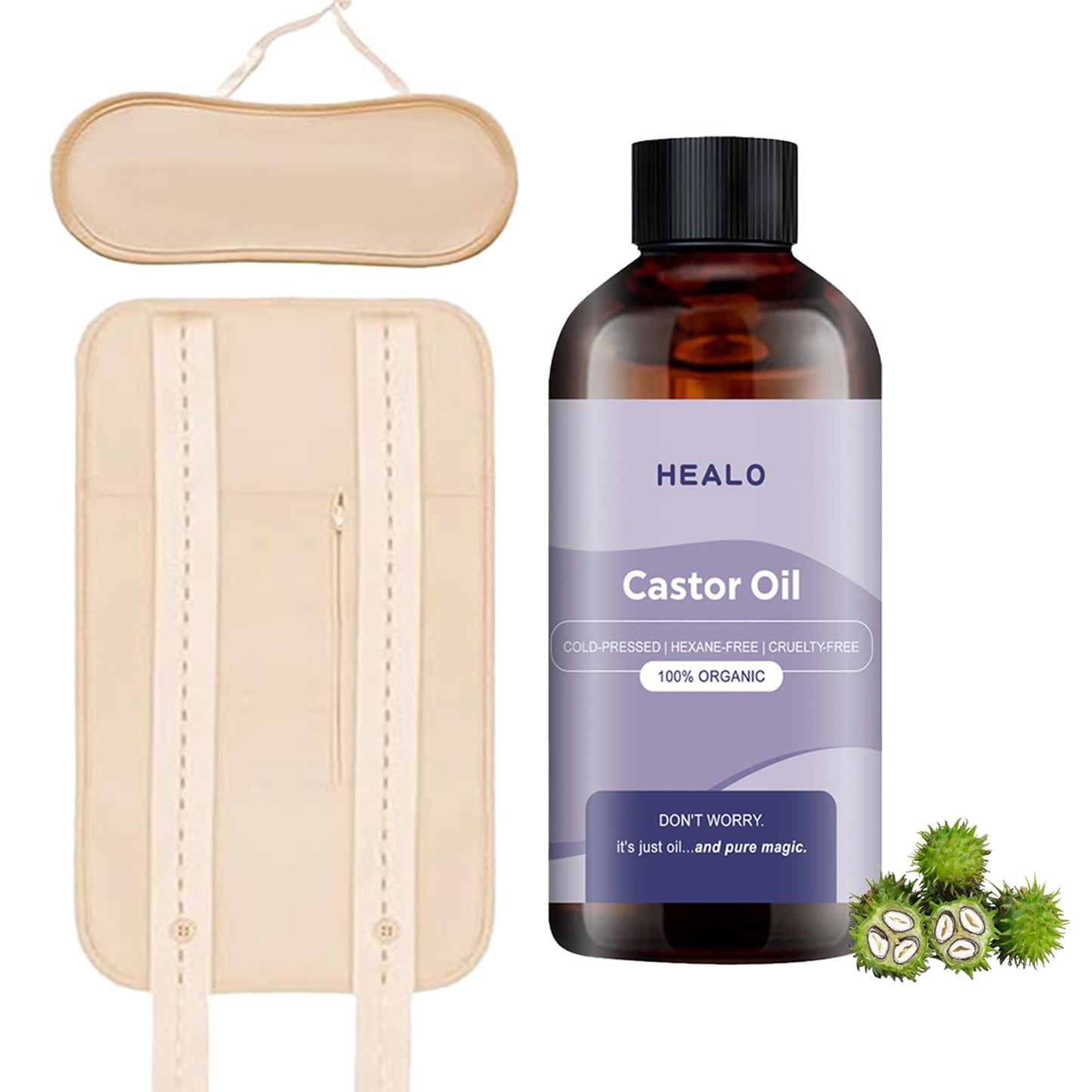 Healo Castor Oil Pack Wrap Kit – 3.38 oz, Reusable Wraps & Adjustable Straps