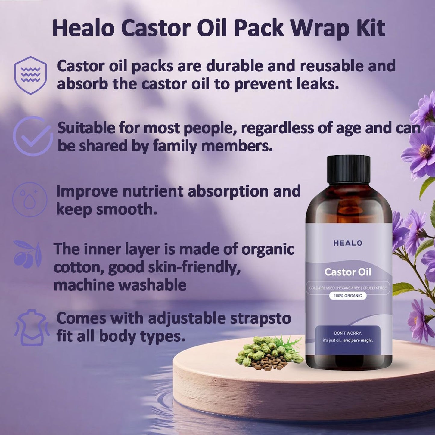 Healo Castor Oil Pack Wrap Kit | Organic Castor Oil for Stomach, Neck & Body | Adjustable, Reusable 3.38 oz