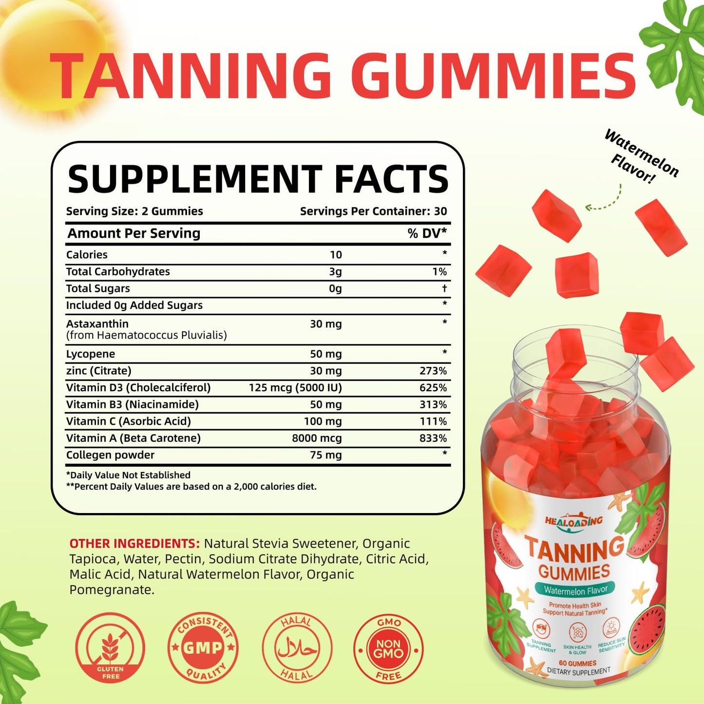 HEALOADING Tanning Gummies - Bronzing Supplement with Astaxanthin, Lycopene & Beta Carotene | Vegan & Non-GMO (30-Day)