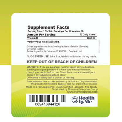 HEALTH BY ME Vitamin D3 4000 IU Softgels – Supports Bones, Teeth, Muscles & Immune Health