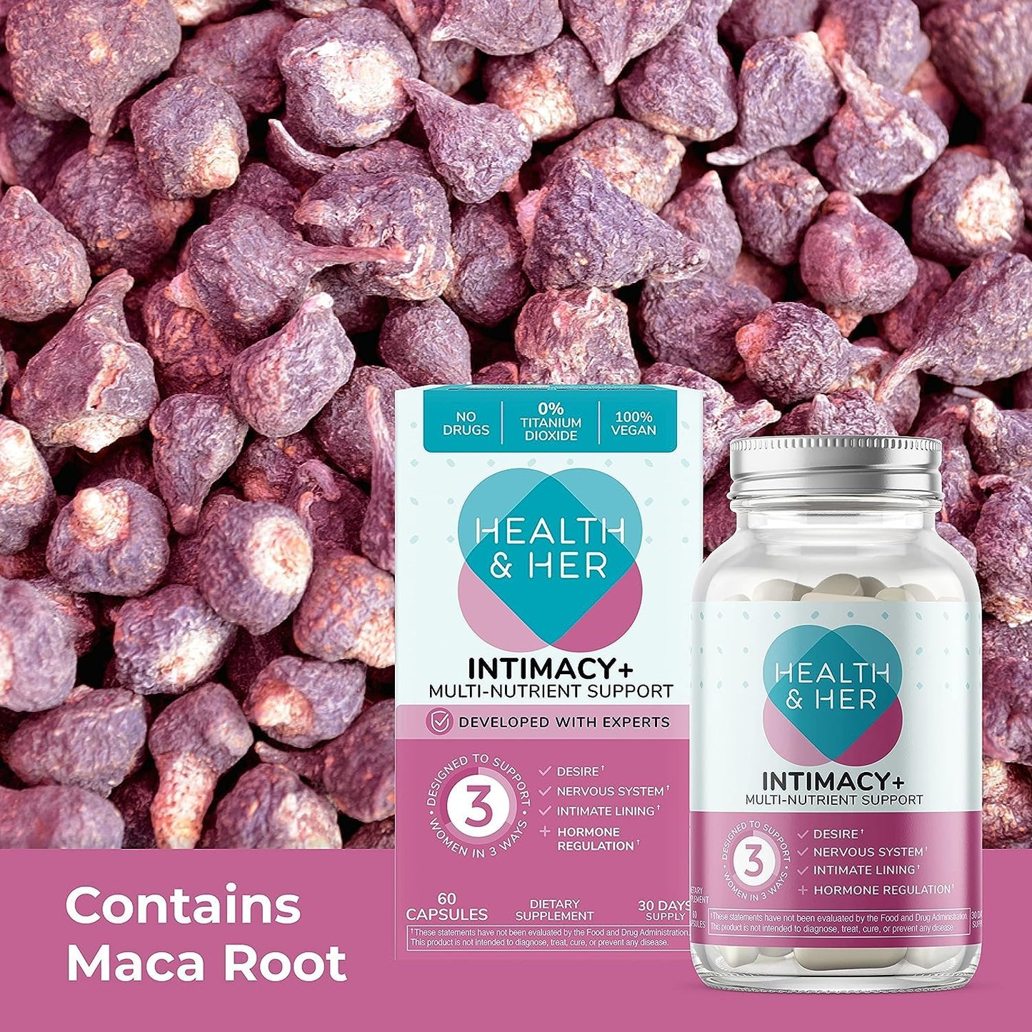 Health & Her Intimacy+ Multi-Nutrient Supplement for Women – Maca Root, Tribulus, Vegan (60 ct)