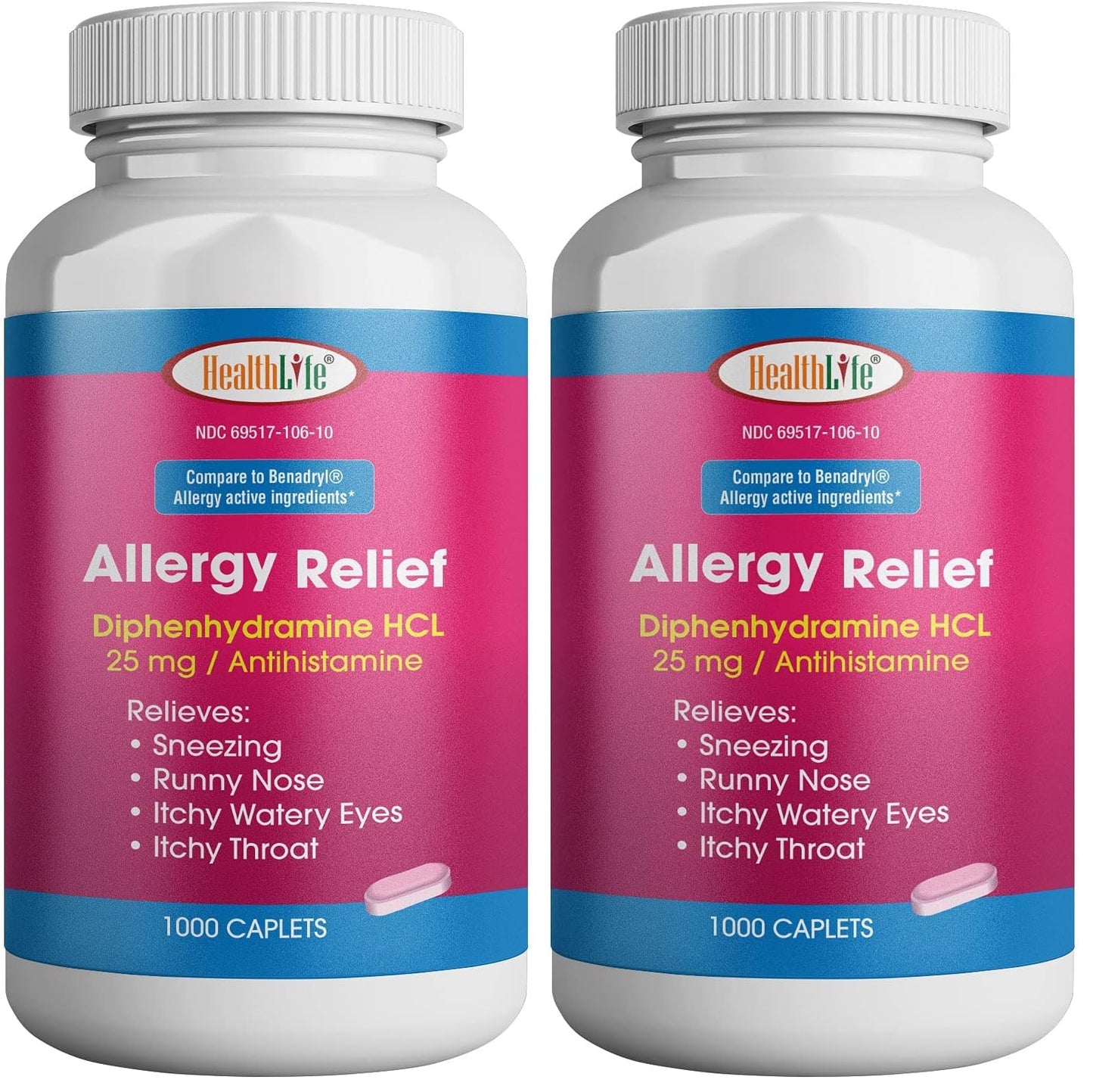 HEALTH LFE Allergy Relief Caplets 25 mg Diphenhydramine HCl – Pack of 2 (2000 Count) for Children & Adults