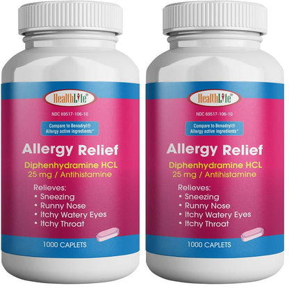 HEALTH LFE Allergy Relief Caplets 25 mg Diphenhydramine HCl – Pack of 2 (2000 Count) for Children & Adults