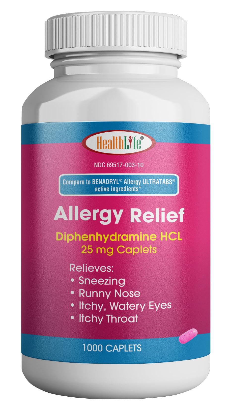 HEALTH LFE Allergy Relief Diphenhydramine HCl 25 mg Caplets, 1000 Count | For Sneezing, Runny Nose, Itchy Eyes