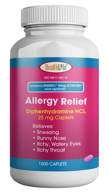 HEALTH LFE Allergy Relief Diphenhydramine HCl 25 mg Caplets, 1000 Count | For Sneezing, Runny Nose, Itchy Eyes