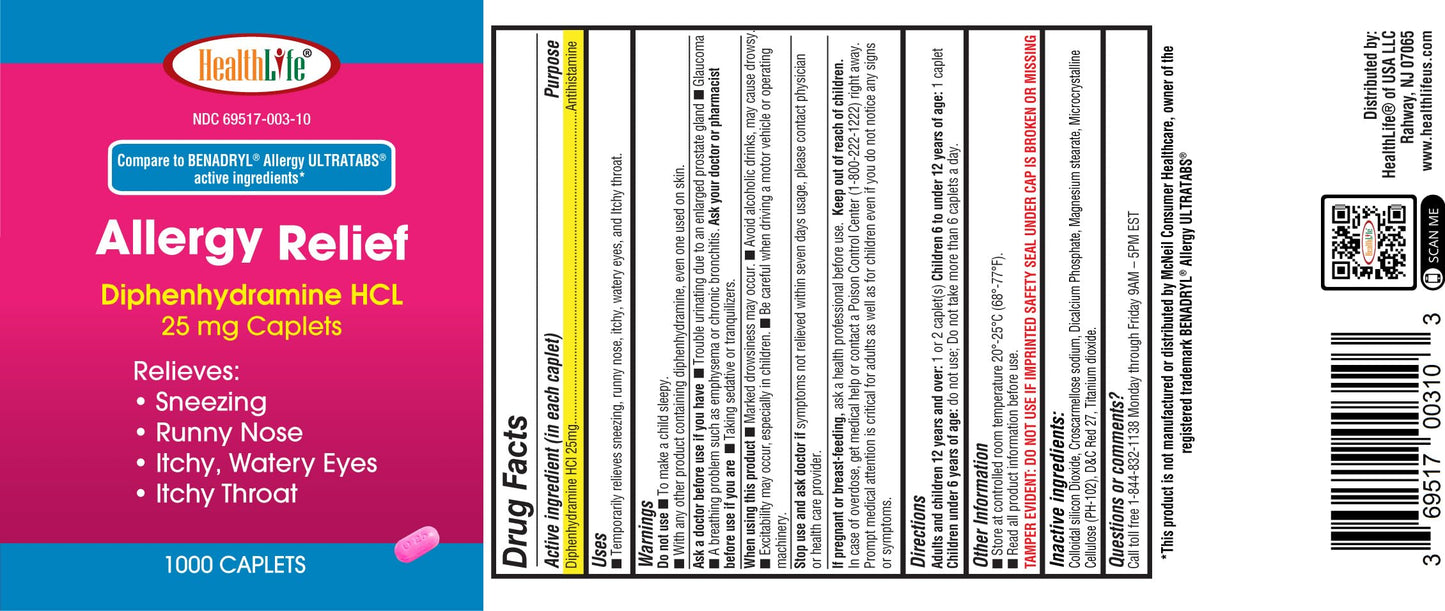 HEALTH LFE Allergy Relief Diphenhydramine HCl 25 mg Caplets, 1000 Count | For Sneezing, Runny Nose, Itchy Eyes