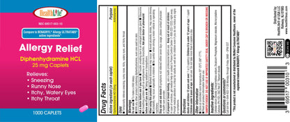 HEALTH LFE Allergy Relief Diphenhydramine HCl 25 mg Caplets, 1000 Count | For Sneezing, Runny Nose, Itchy Eyes