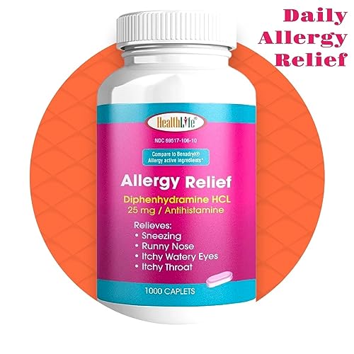 HEALTH LFE Allergy Relief Caplets 25 mg Diphenhydramine HCl – Pack of 2 (2000 Count) for Children & Adults