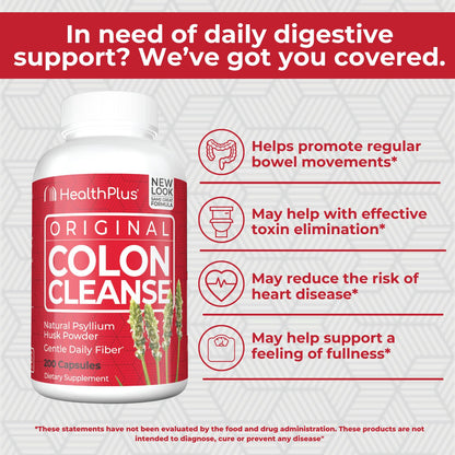 Health Plus Colon Cleanse Digestive Support | All Natural Daily Fiber for Toxin Elimination | Reduce Bloating | Supports Heart Health | 200 Capsules
