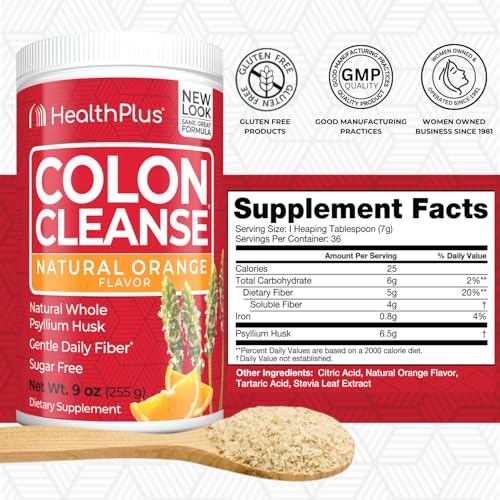 Health Plus Colon Cleanse Digestive Support - Psyllium Husk, Orange Flavor, 9 oz (36 Servings)