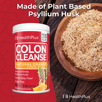 Health Plus Colon Cleanse Digestive Support - Psyllium Husk, Orange Flavor, 9 oz (36 Servings)
