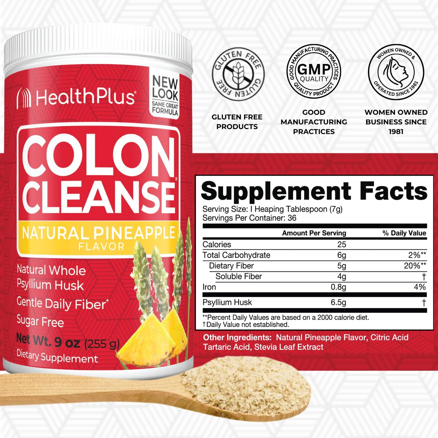 Health Plus Colon Cleanse Digestive Support – Pineapple Flavor, Psyllium Husk, 9 oz | 36 Servings
