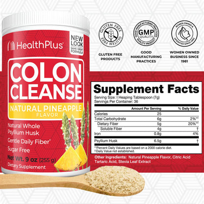 Health Plus Colon Cleanse Digestive Support – Pineapple Flavor, Psyllium Husk, 9 oz | 36 Servings