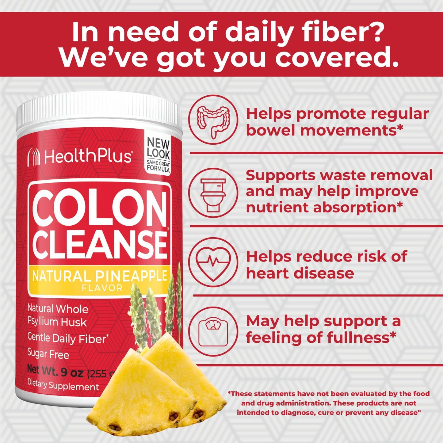 Health Plus Colon Cleanse Digestive Support – Pineapple Flavor, Psyllium Husk, 9 oz | 36 Servings