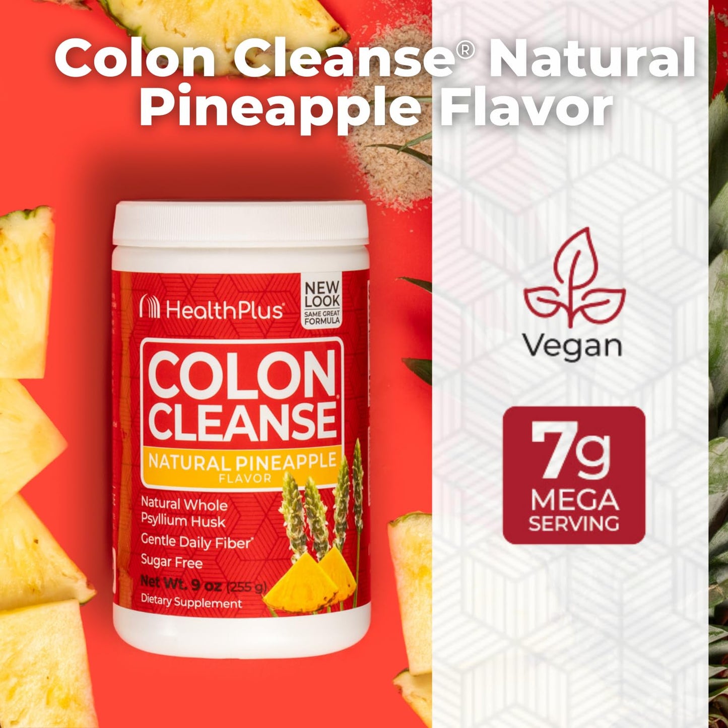 Health Plus Colon Cleanse Digestive Support – Pineapple Flavor, Psyllium Husk, 9 oz | 36 Servings
