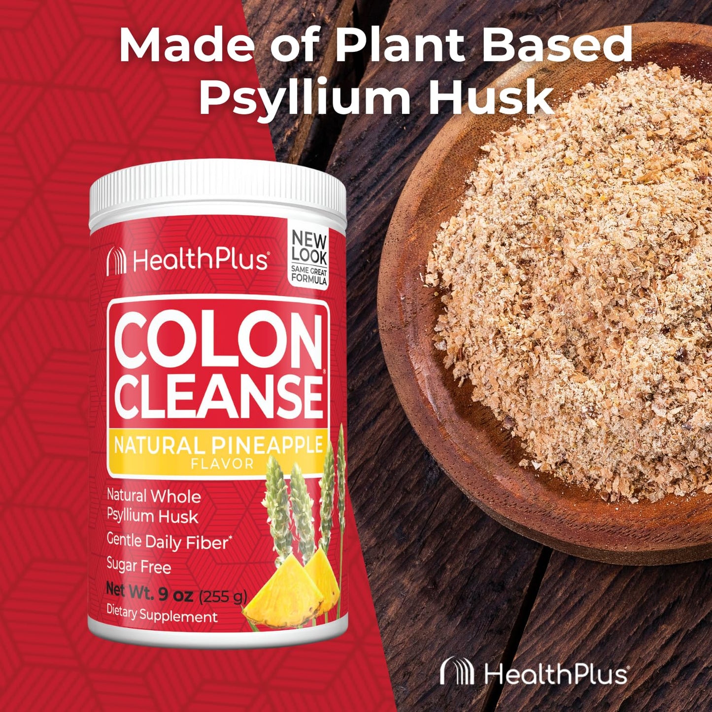 Health Plus Colon Cleanse Digestive Support – Pineapple Flavor, Psyllium Husk, 9 oz | 36 Servings
