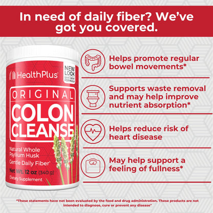 Health Plus Colon Cleanse - Natural Psyllium Fiber Powder | Gluten Free, 12 oz