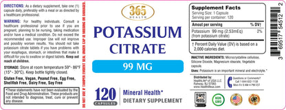 Potassium Citrate Capsule 99mg – Essential Electrolyte for Nerve, Muscle & Heart Health (120 Capsules)