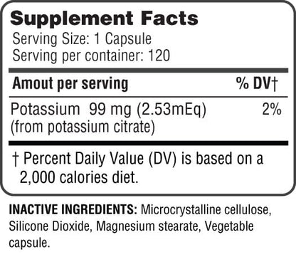 Potassium Citrate Capsule 99mg – Essential Electrolyte for Nerve, Muscle & Heart Health (120 Capsules)