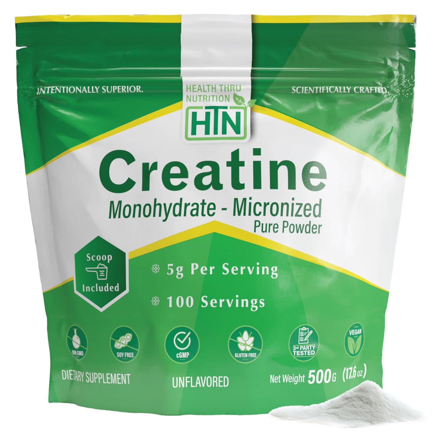 Health Thru Nutrition Creatine Monohydrate Micronized Powder 500g – Unflavored, 5g Scoop | Non-GMO & Vegan