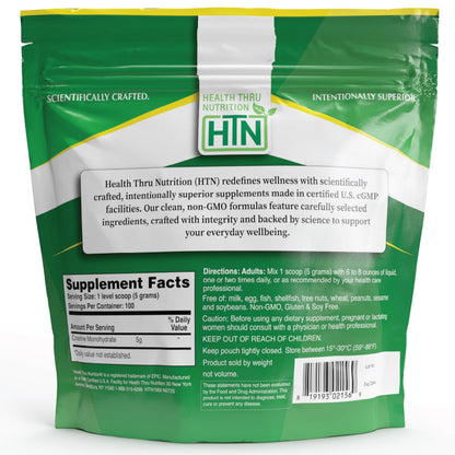 Health Thru Nutrition Creatine Monohydrate Micronized Powder 500g – Unflavored, 5g Scoop | Non-GMO & Vegan
