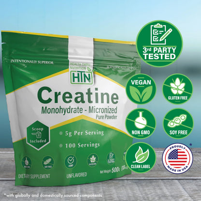Health Thru Nutrition Creatine Monohydrate Micronized Powder 500g – Unflavored, 5g Scoop | Non-GMO & Vegan