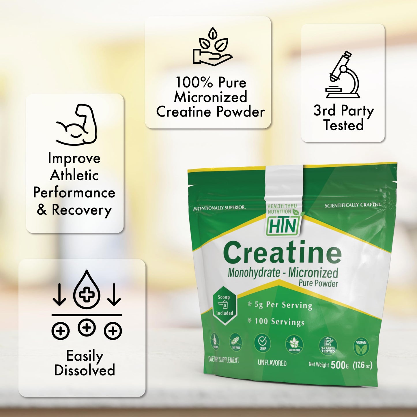 Health Thru Nutrition Creatine Monohydrate Micronized Powder 500g – Unflavored, 5g Scoop | Non-GMO & Vegan