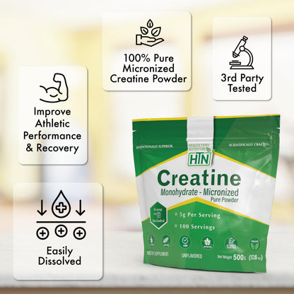 Health Thru Nutrition Creatine Monohydrate Micronized Powder 500g – Unflavored, 5g Scoop | Non-GMO & Vegan