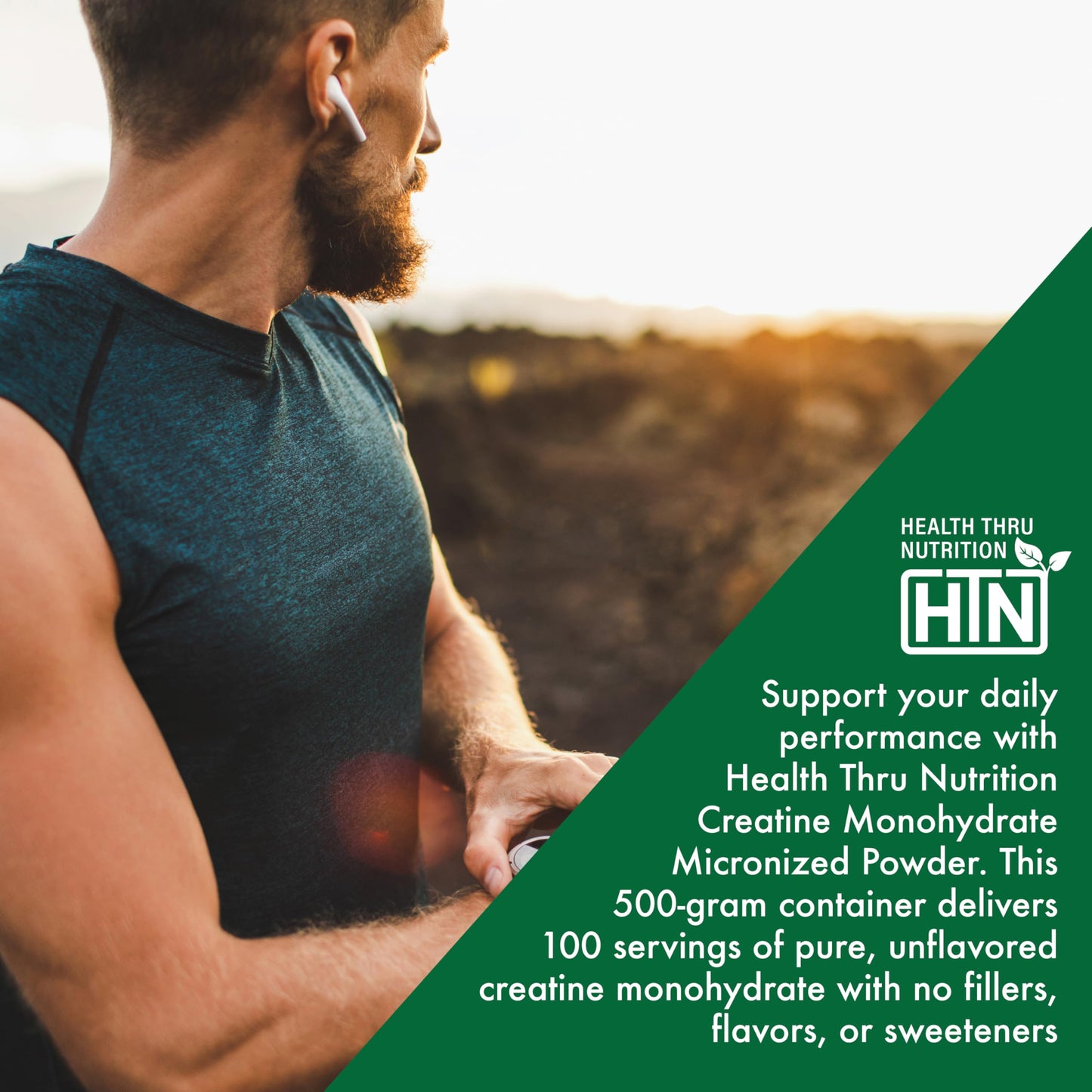 Health Thru Nutrition Creatine Monohydrate Micronized Powder 500g – Unflavored, 5g Scoop | Non-GMO & Vegan