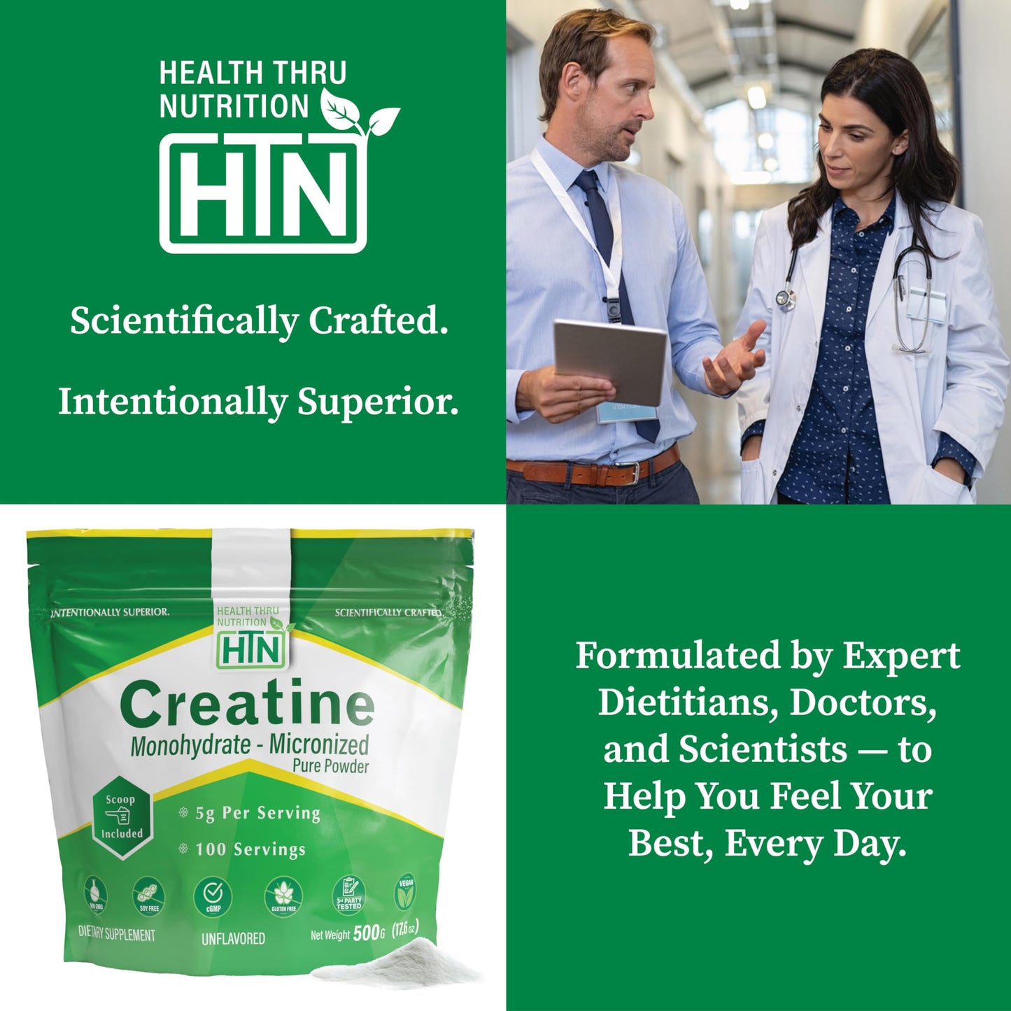 Health Thru Nutrition Creatine Monohydrate Micronized Powder 500g – Unflavored, 5g Scoop | Non-GMO & Vegan