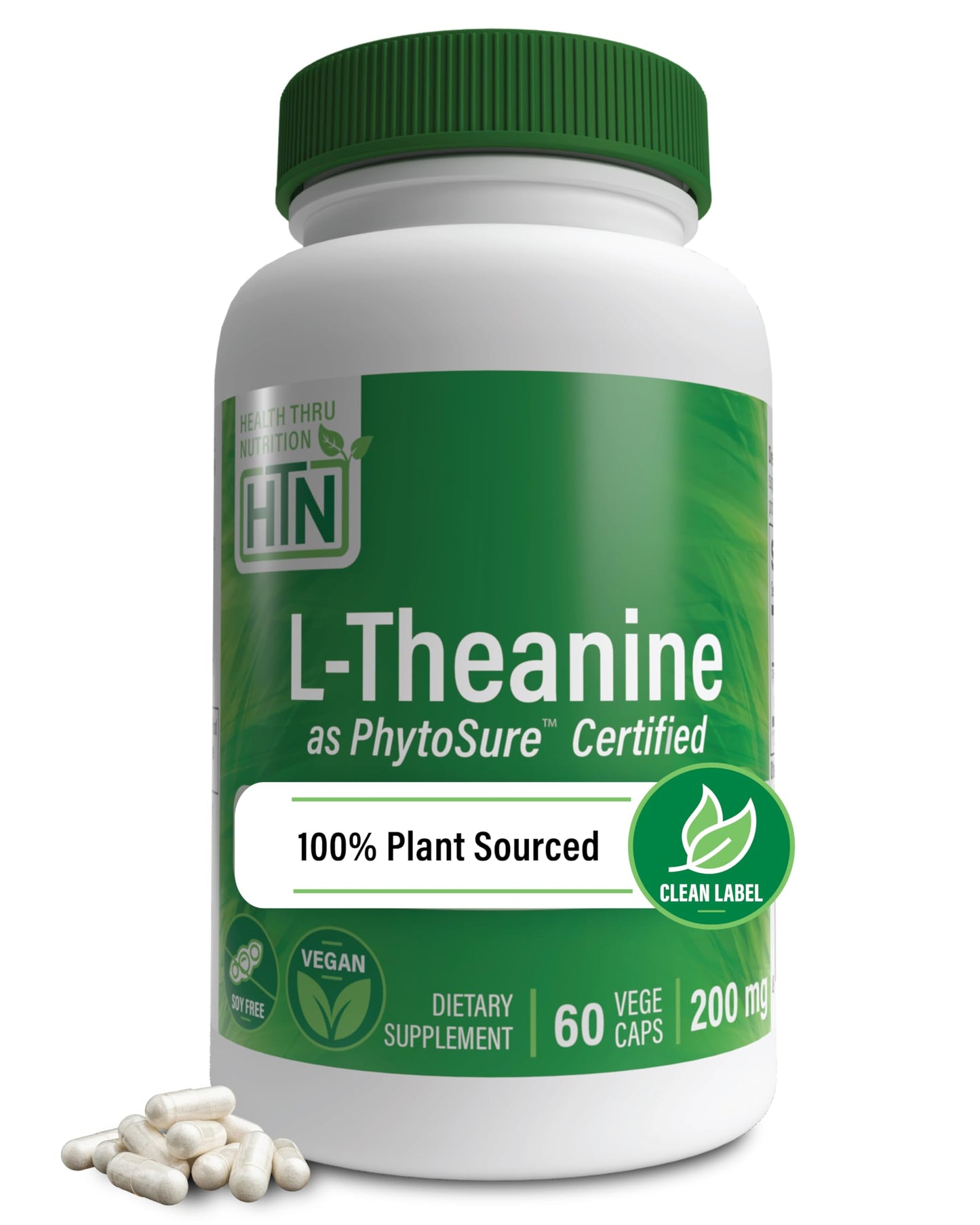 Health Thru Nutrition L-Theanine 200mg 60 Vegecaps PhytoSure Certified | Supports Healthy Relaxation & Focus | 3rd Party Tested | Clean Label, Non-GMO, Gluten & Soy Free, Hypoallergenic