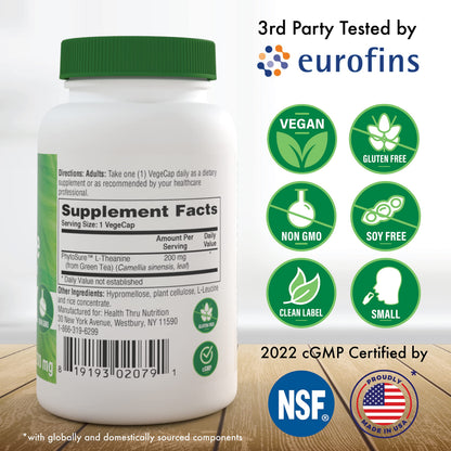 Health Thru Nutrition L-Theanine 200mg 60 Vegecaps PhytoSure Certified | Supports Healthy Relaxation & Focus | 3rd Party Tested | Clean Label, Non-GMO, Gluten & Soy Free, Hypoallergenic