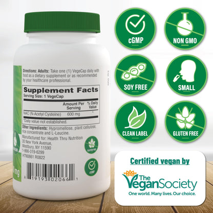 Health Thru Nutrition NAC N-Acetyl-Cysteine 600mg – Vegan Certified, Non-GMO, Gluten & Soy Free | 60 Capsules