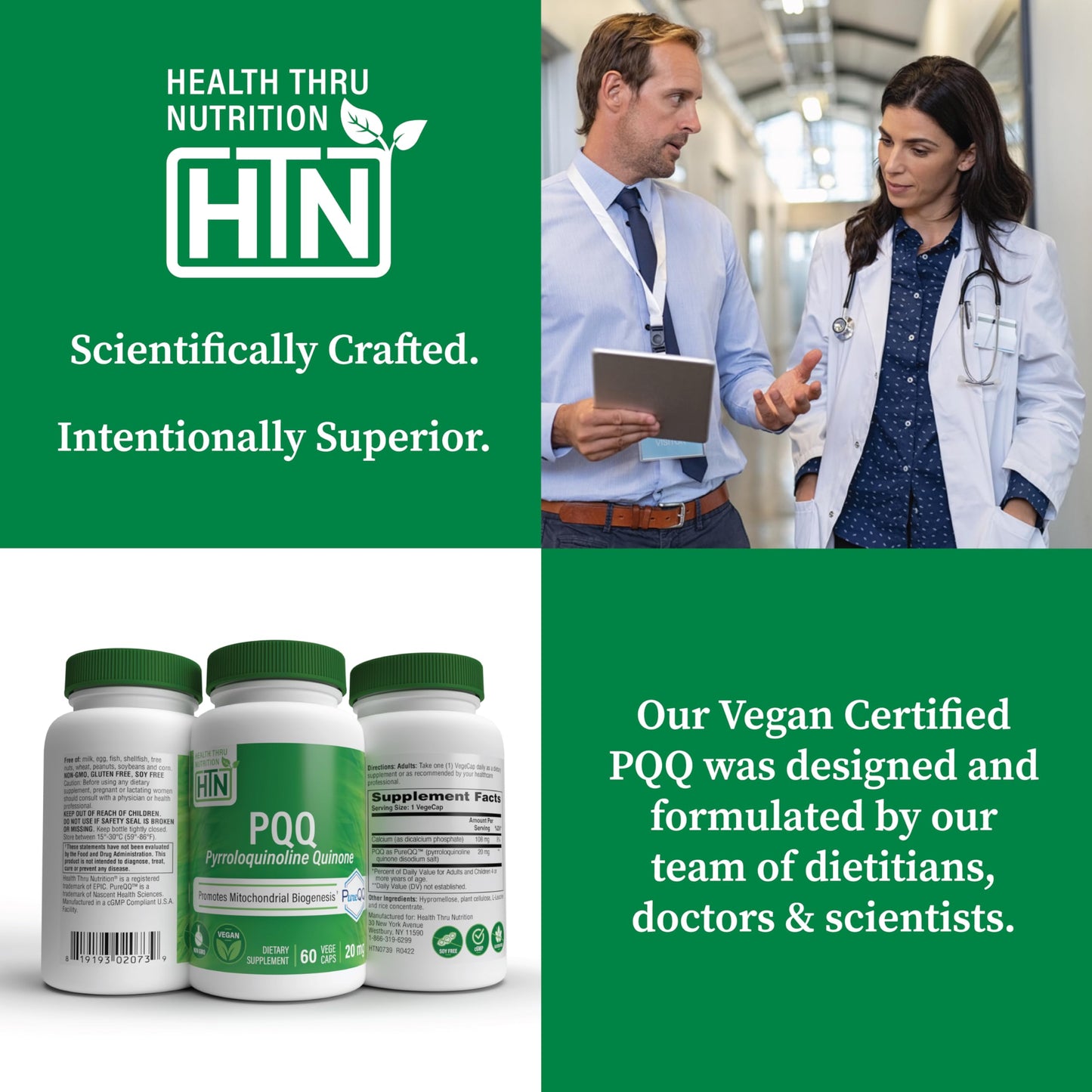 Health Thru Nutrition PQQ 20mg 60 Servings Pyrroloquinoline Quinone as PureQQ | Promotes Mitochondrial Biogenesis | Certified Vegan | Non-GMO Gluten Soy Free Capsules| Clean Label PQQ Supplement