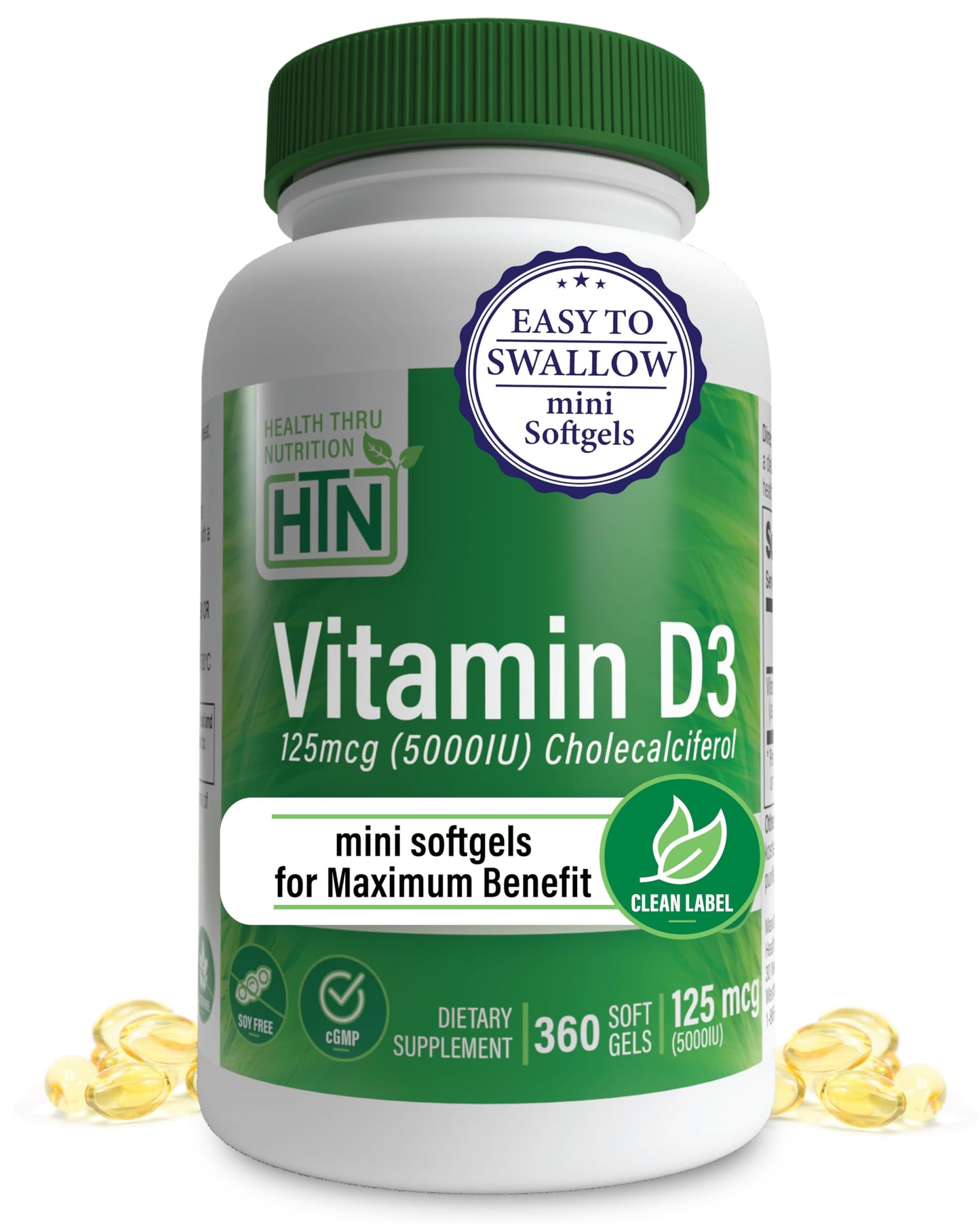 Health Thru Nutrition Vitamin D3 5000IU | 360 Mini Softgels in Organic EVOO | 3rd-Party Tested, Non-GMO USP