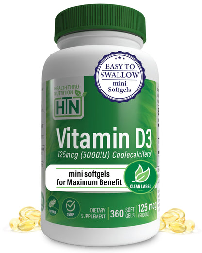 Health Thru Nutrition Vitamin D3 5000IU | 360 Mini Softgels in Organic EVOO | 3rd-Party Tested, Non-GMO USP