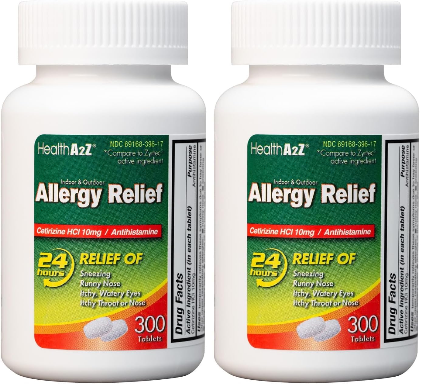 HealthA2Z Allergy Relief 10mg Cetirizine – All Day Indoor & Outdoor Allergy Support (Pack of 2, 300 Count)