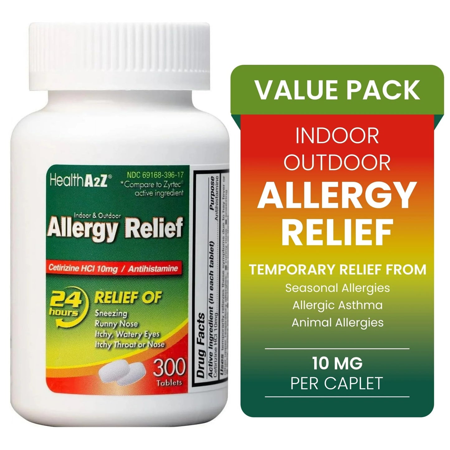 HealthA2Z Allergy Relief 10mg Cetirizine – All Day Indoor & Outdoor Allergy Support (Pack of 2, 300 Count)
