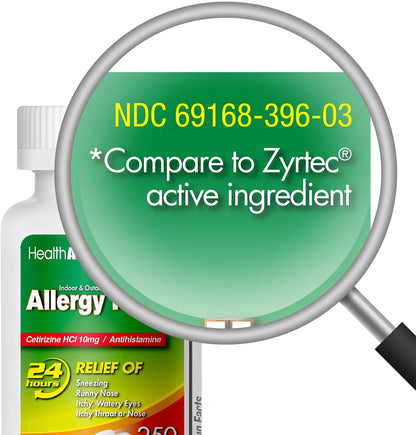 HealthA2Z Allergy Relief Cetirizine 10mg | All Day Indoor & Outdoor Allergy Relief (250 Count)