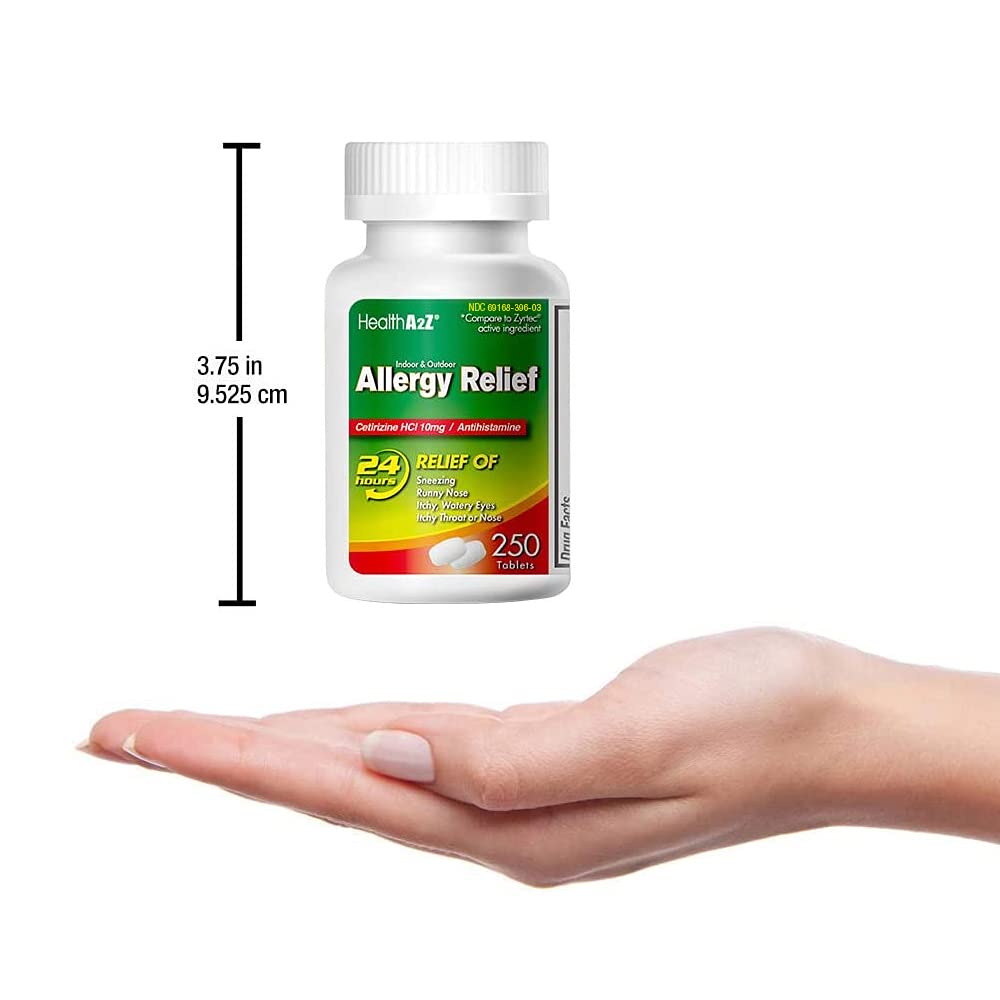 HealthA2Z Allergy Relief Cetirizine 10mg | All Day Indoor & Outdoor Allergy Relief (250 Count)
