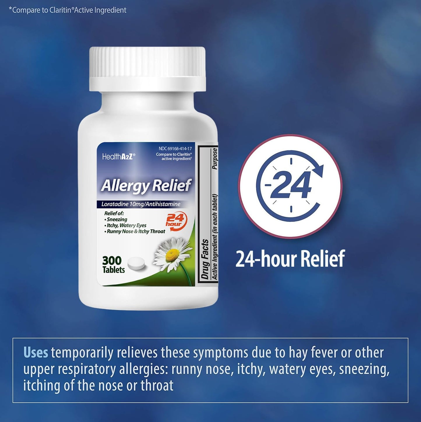 HealthA2Z Allergy Relief | Loratadine 10mg | 24-Hour Non-Drowsy Antihistamine | 300 Tablets