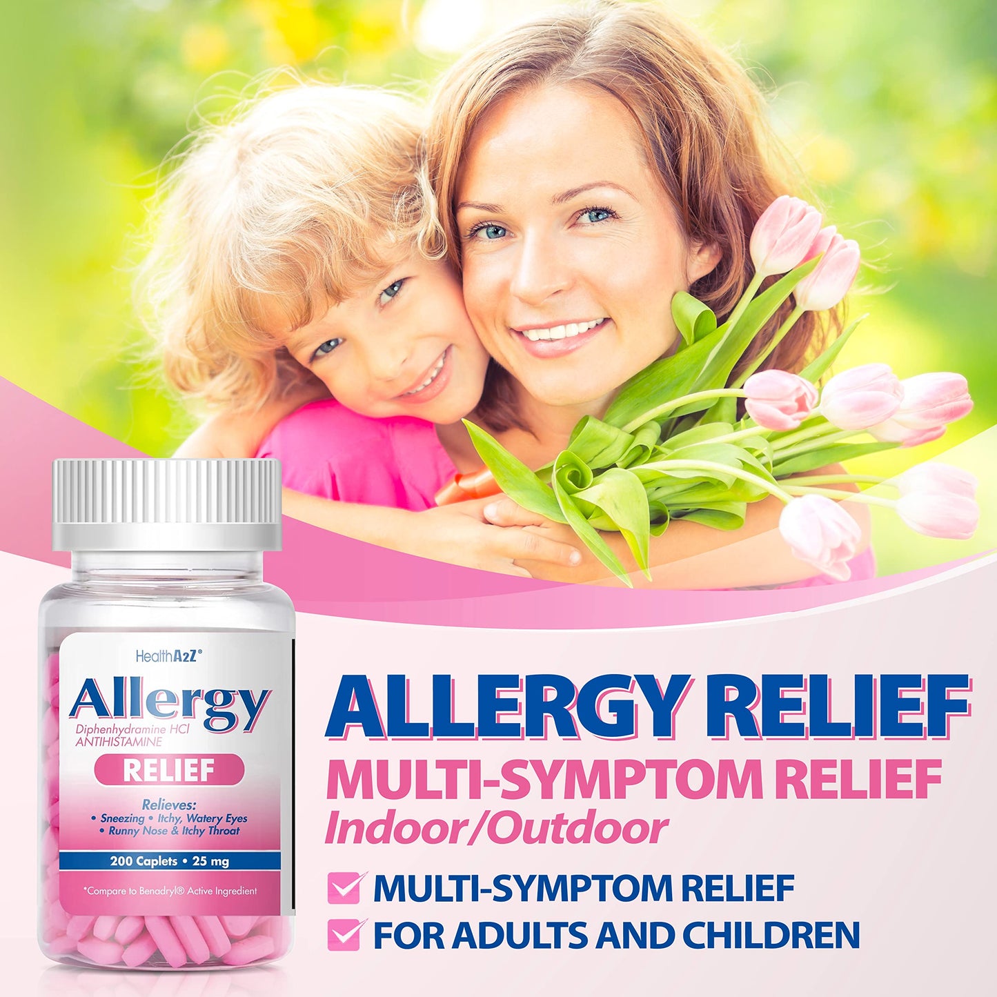 HealthA2Z Allergy Relief | Diphenhydramine HCl 25mg – 200 Caplets