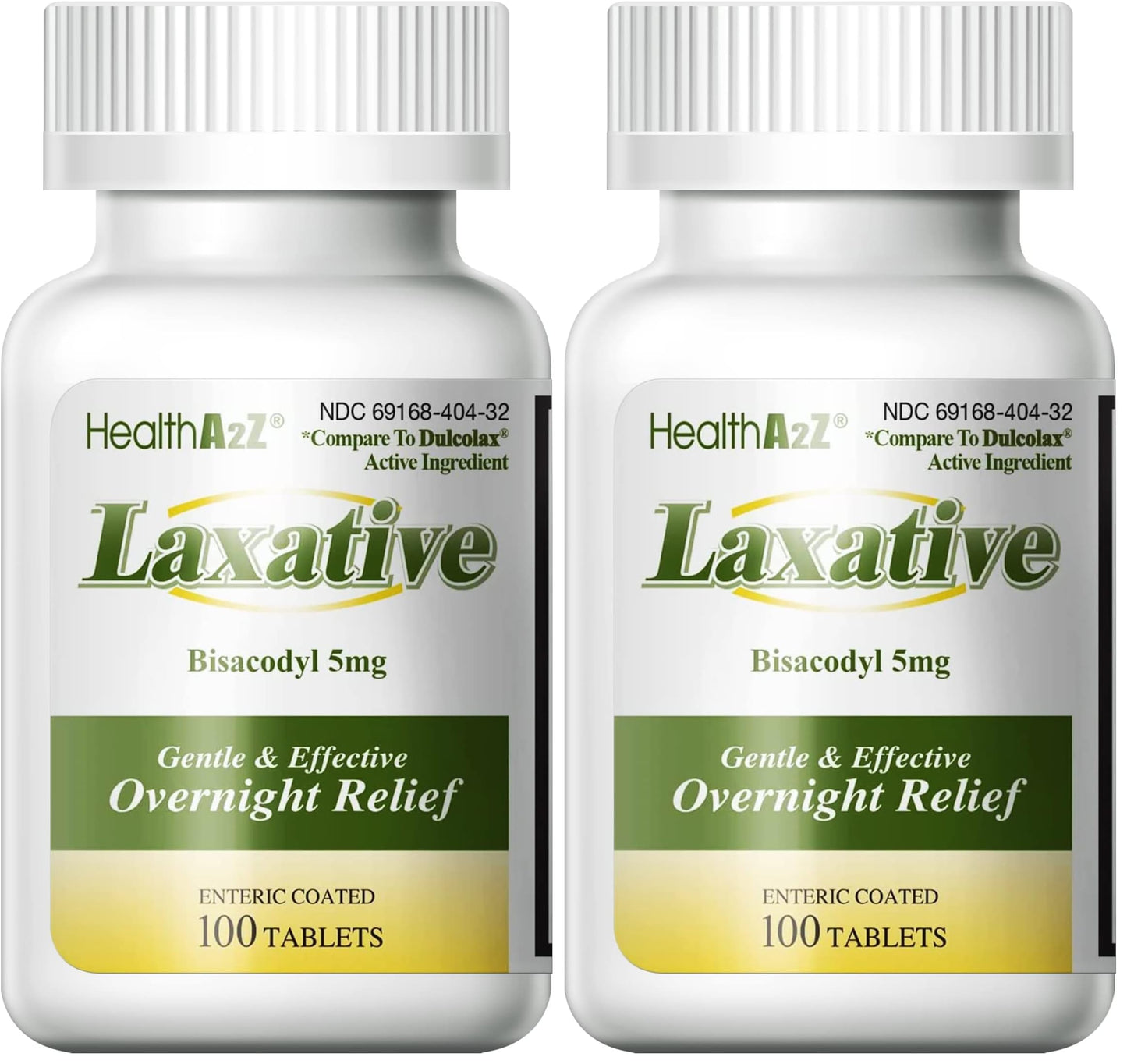 HealthA2Z Laxative Bisacodyl 5mg – 100 Count Bottles, Pack of 2 | Gentle Overnight Relief