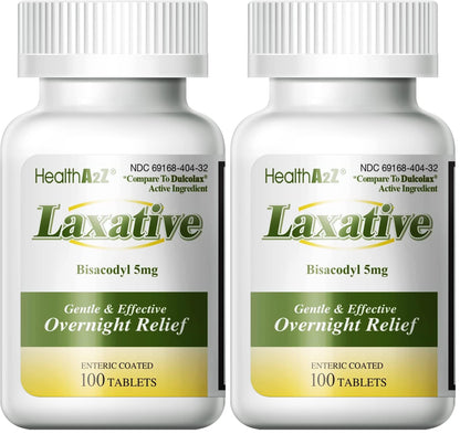 HealthA2Z Laxative Bisacodyl 5mg – 100 Count Bottles, Pack of 2 | Gentle Overnight Relief