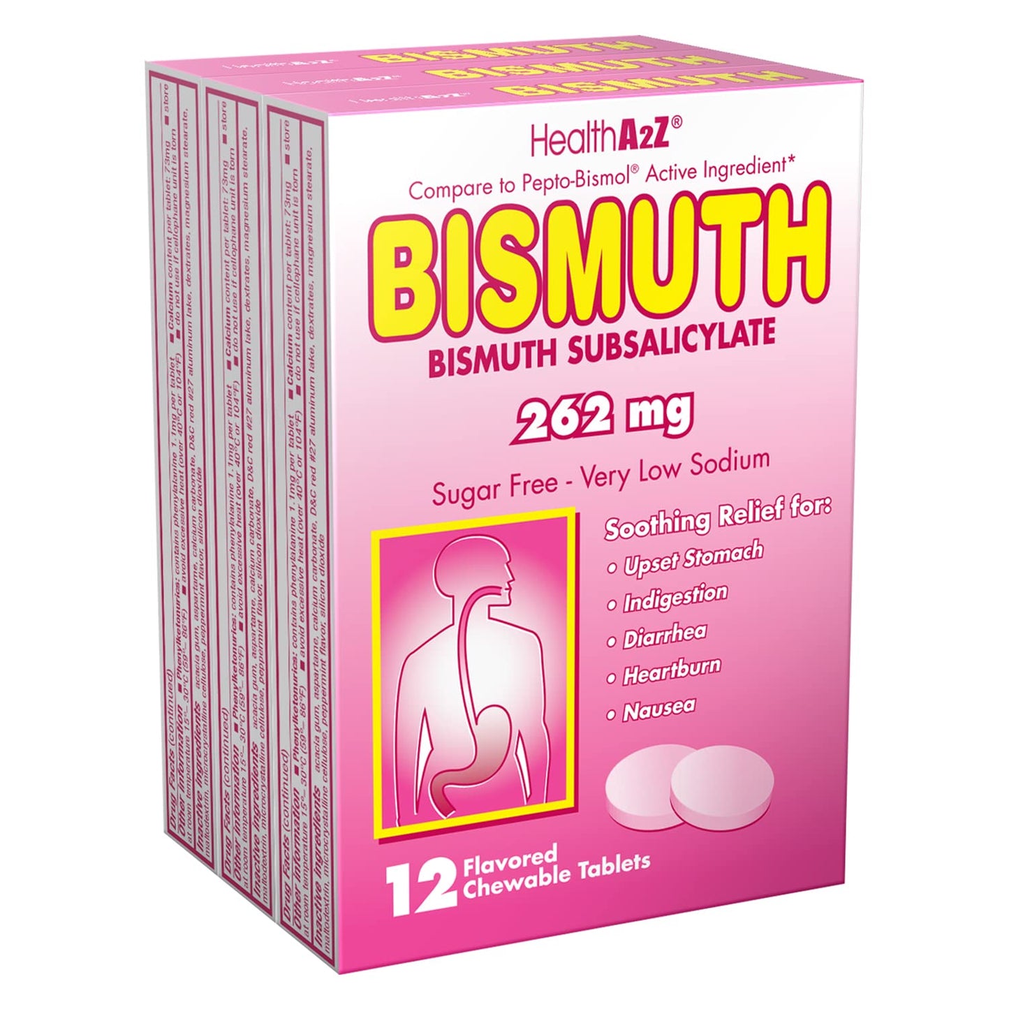 HealthA2Z Bismuth | Multi-Symptom Digestive Relief 3-Pack (36 Tablets)