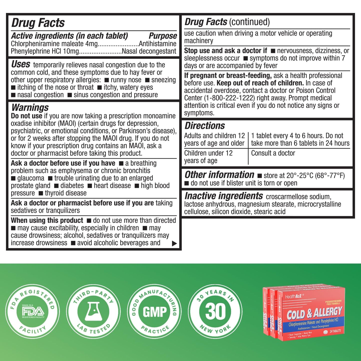 HealthA2Z Cold & Allergy 72 Tablets | Chlorpheniramine Maleate & Phenylephrine HCl