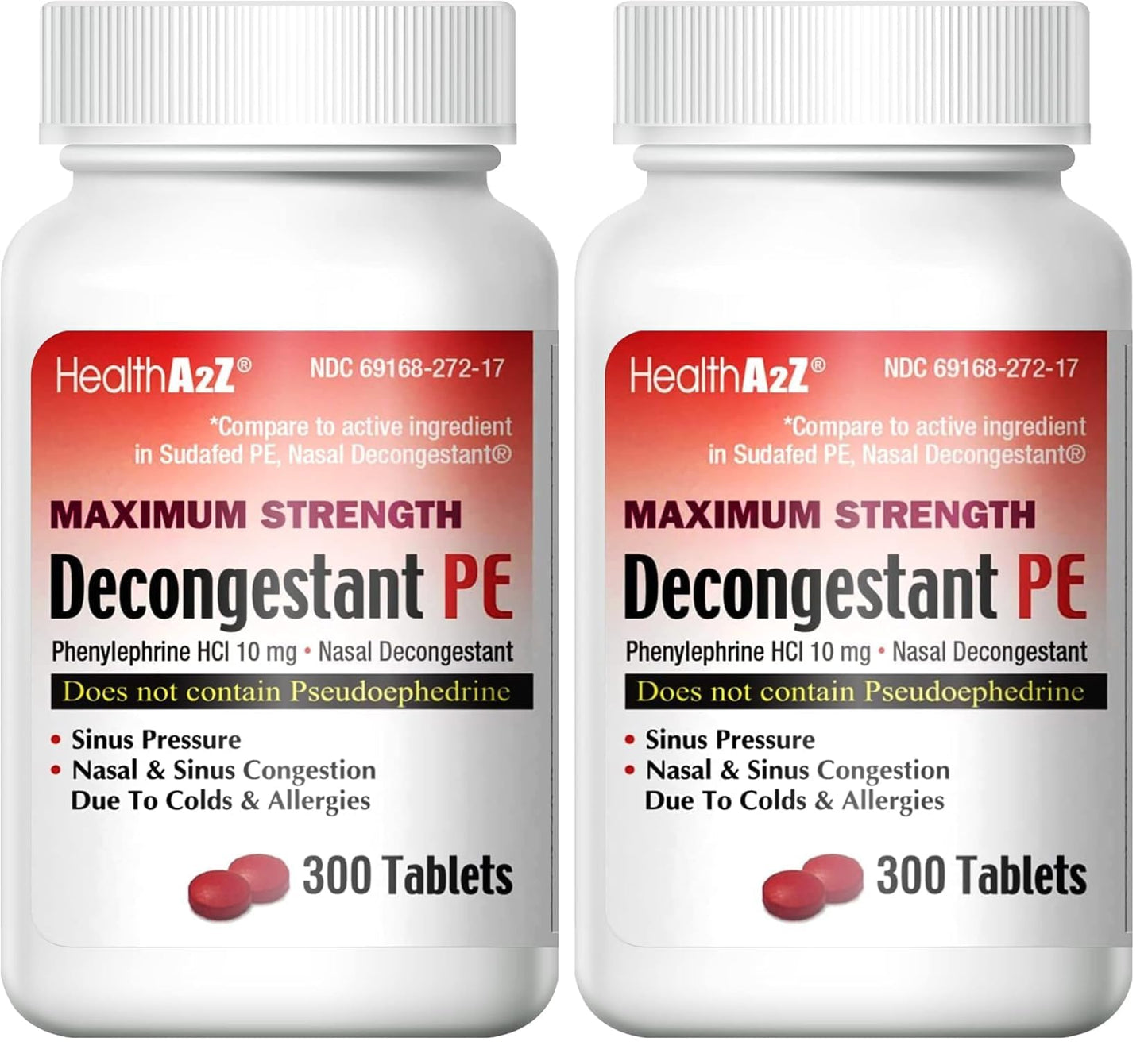 HealthA2Z Decongestant PE | Phenylephrine HCl 10 mg | Maximum Strength Nasal & Sinus Relief (300 Count, Pack of 2)