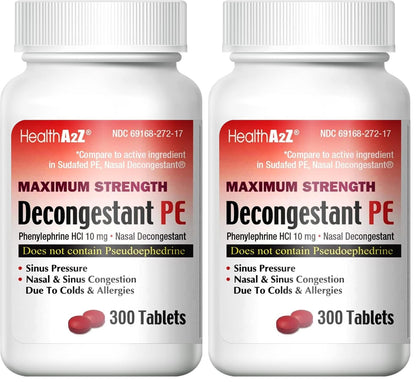 HealthA2Z Decongestant PE | Phenylephrine HCl 10 mg | Maximum Strength Nasal & Sinus Relief (300 Count, Pack of 2)
